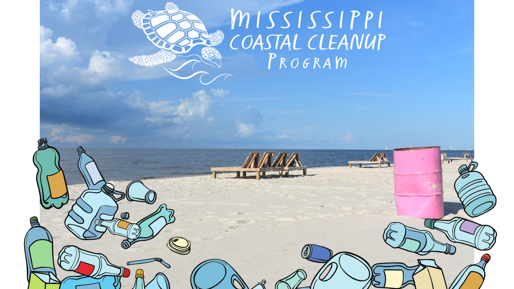 image of a beach with trash clipart framing the photo